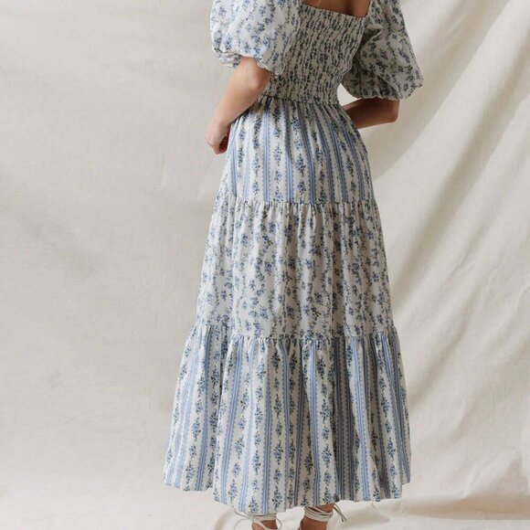 Blue Boho Women's Patchwork Floral Pleated Dress with Bubble Sleeves - Picture 2 of 4